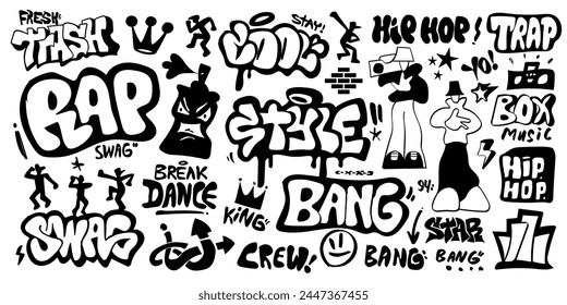 Graffiti style rap music words and characters vector sign and symbol doodle set , hip hop culture elements background