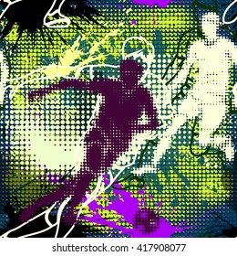 Graffiti style seamless pattern with grunge effect. Football player. Soccer player in graffiti style