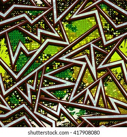 Graffiti style seamless pattern with grunge effect. Abstract vector wallpaper in urban style. Bright colored background with cracks, splashes and half tone elements.