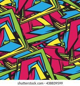 Graffiti style seamless pattern with grunge effect. Abstract vector wallpaper in urban style. Bright colored background with cracks, splashes and half tone elements.