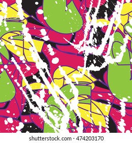 Graffiti style seamless pattern with grunge effect. Abstract vector wallpaper in urban style. Bright colored background with cracks, splashes and half tone elements.
