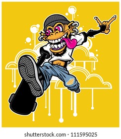 Graffiti Style Skateboarding Monkey Vector illustration of a skateboarding monkey performing a trick. Monkey skateboarder is high in the air in front dripping graffiti-style clouds.