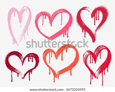 Graffiti style spray paint vector heart collection. Red, pink icons with drips, splashes and rough textures. Urban street art stickers for edgy romantic design and underground Valentine’s themes.