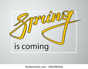 Graffiti style spring text. Lettering festive card hello spring banner. Background inscription spring is coming. Vector title hello spring. Abstract paper lettering greeting card. Hand street sketched