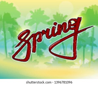 Graffiti style spring text on paradise palm beach. Lettering festive card hello spring sun banner. Background inscription spring is coming. Abstract paper lettering greeting card. Hand street sketched