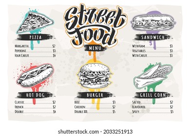 Graffiti style street food menu design template. Pizza, hot dog, burger, sandwich and grilled corn icons. Paper background. Vector EPS10 graphic.