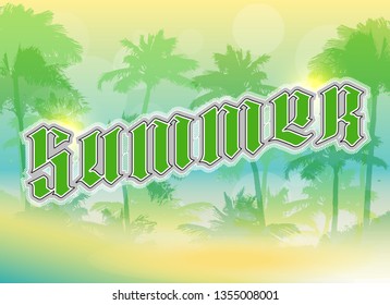 Graffiti style Summer text on paradise palm beach. Lettering festive card hello summer sun banner. Background inscription summer is coming. Abstract paper lettering greeting card. Hand street sketched