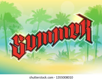 Graffiti style Summer text on paradise palm beach. Lettering festive card hello summer sun banner. Background inscription summer is coming. Abstract paper lettering greeting card. Hand street sketched