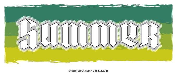 Graffiti style Summer text on color banner. Lettering festive card summer sun banner. Background inscription summer coming. Abstract paper lettering greeting card. Hand street sketched