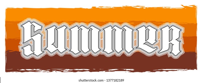 Graffiti style Summer text on color banner. Lettering festive card summer sun banner. Background inscription summer coming. Abstract paper lettering greeting card. Hand street sketched