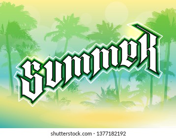 Graffiti style Summer text on paradise palm beach. Lettering festive card hello summer sun banner. Background inscription summer is coming. Abstract paper lettering greeting card. Hand street sketched