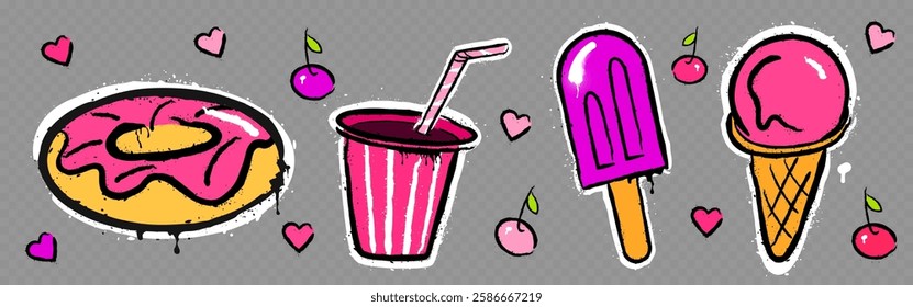 Graffiti style sweets set in pink colors. Street art desserts - glazed donut, soda cup, popsicle and ice cream cone decorated with cherries, hearts on transparent background. Urban food illustration.