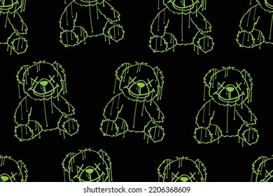 Graffiti style teddy bear drawings grunge airbrush drops neon color. Seamless pattern repeating texture background design. Vector illustration for fashion prints, fabrics.