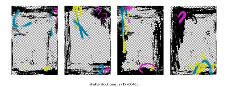 Conjunto de marco urbano estilo graffiti con bordes negros afligidos, coloridas marcas de pintura en aerosol y diseños transparentes. Pinceladas ásperas con gotas en la estética del arte callejero para el Diseño gráfico moderno.