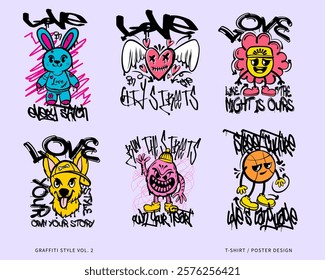 Graffiti style vector set. Street style design for merch. Graffiti design collection for t-shirt and poster. Clothing design, print on demand. Street art design pack, t-shirt designs bundle for print