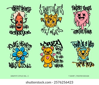 Graffiti style vector set. Street style design for merch. Graffiti design collection for t-shirt and poster. Clothing design, print on demand. Street art design pack, t-shirt designs bundle for print