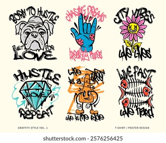 Graffiti style vector set. Street style design for merch. Graffiti design collection for t-shirt and poster. Clothing design, print on demand. Street art design pack, t-shirt designs bundle for print