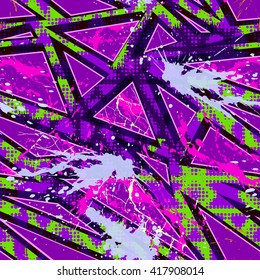 Graffiti stylized seamless pattern with cracks, splashes and half tone effect. Bright colored vector wallpaper in urban style. Abstract grunge background.