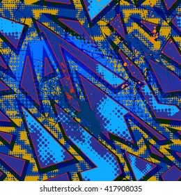 Graffiti stylized seamless pattern with cracks, splashes and half tone effect. Bright colored vector wallpaper in urban style. Abstract grunge background.