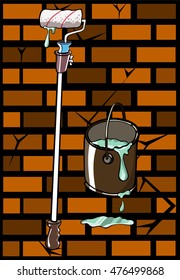 graffiti supplies painter and a bucket of paint against a brick wall
