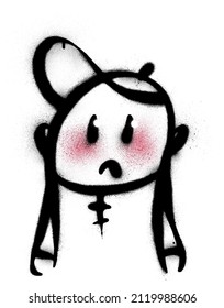 grafiti personaje sorprendido rociado en blanco y negro