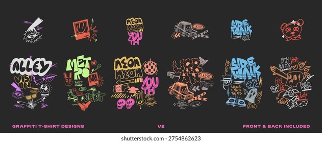 Graffiti t shirt designs bundle, Urban t-shirt design for print. Streetwear graphic set for clothing design. Merch and apparel design. Scribble, doodles, cartoon collection vector illustration. Mockup
