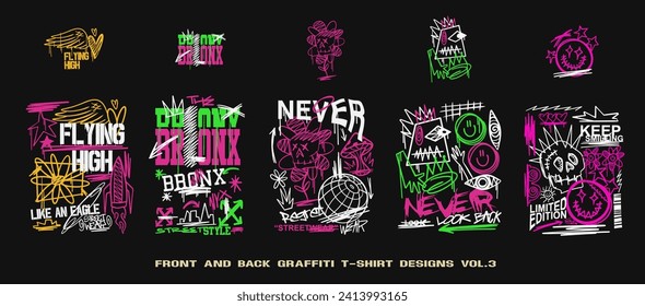 Graffiti t shirt designs set, Urban t-shirt design bundle for print, Streetwear graphic for clothing design. Graffiti poster vector illustration