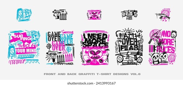 Graffiti t shirt designs set, Urban t-shirt design bundle for print, Streetwear graphic for clothing design. Graffiti poster vector illustration