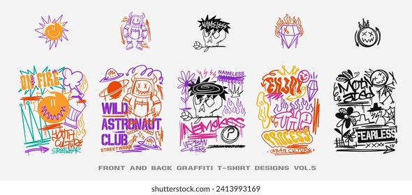 Graffiti T Shirt Designs Set, Urban T-Shirt Design Bundle für Druck, Graffiti Poster Vektorgrafik. Streetwear-Grafik für Bekleidungsdesign