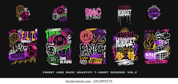 Graffiti t shirt designs set, Urban t-shirt design bundle for print, Streetwear graphic for clothing design. Graffiti poster vector illustration