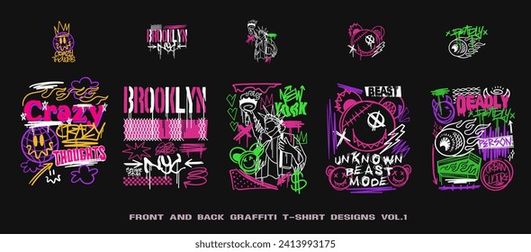 Graffiti t shirt designs set, Urban t-shirt design bundle for print, Graffiti poster vector illustration. Streetwear graphic for clothing design