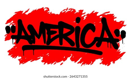 Grafite tag of AMERICA em negrito preto spray pintura sobre fundo vermelho-transparente. Estilo urbano e arenoso para visuais patrióticos, vestuário e cultura moderna de rua.