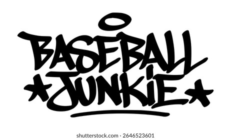 Graffiti tag artwork of "Baseball Junkie" in bold black hand-drawn style. Urban street lettering with transparent background, ideal for sports fans and edgy youth culture.