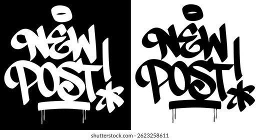 Graffiti tag artwork of the words "New Post" in bold black and white colors. Urban street art style, modern and edgy, ideal for social media, posters, and creative projects.