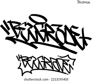 Graffiti tag in black, beveled pen. Name of the city of Belgrade.