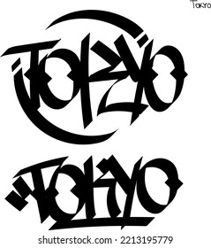 Graffiti tag in black, beveled pen. City name Tokyo Japan.