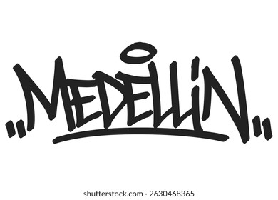 Medellín graffiti tag in bold black lettering on white background. Clean urban style, perfect for vibrant Colombian culture, street vibes, and creative art projects.