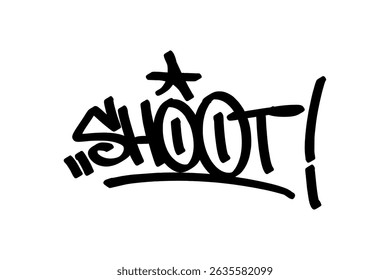 Graffiti tag “Shoot” in bold black lettering on transparent background. Captures the energy of taking a shot in basketball, ideal for urban street art and dynamic sports designs.