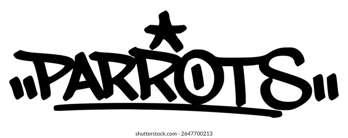 Graffiti tag of “Parrot” in bold black lettering with a tropical street vibe. A loud and colorful bird design perfect for fashion or exotic-themed art.