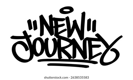 Graffiti tag “New Journey” in bold black letters on transparent background. Urban street art style with inspirational vibe, perfect for fresh starts and motivational graphic projects.
