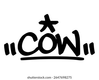 Graffiti tag of “Cow” in bold black style with urban hand lettering. Playful farm animal art with transparent background for stickers or apparel design.