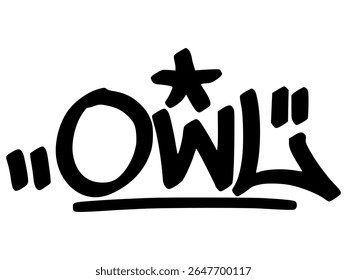 Graffiti tag de "Coruja" em letras negras e urbanas com um misterioso estilo de rua. Ótimo para designs com tema noturno, moda e arte digital.