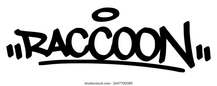 Graffiti tag de "Raccoon" em negrito estilo urbano preto. Um design de animal travesso e legal, ótimo para desenhos nervosos, adesivos ou obras de arte focadas na juventude.