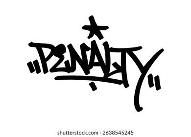 Graffiti tag “Penalty” in bold black vector style. Urban street art capturing the intense soccer moment with dynamic, edgy lettering—perfect for sports themes, youth culture, and digital designs.