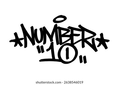 Graffiti tag “Number 10” in bold black vector style. Urban street art celebrating iconic football jersey number with dynamic lettering—perfect for sports, street culture, and youth digital designs.