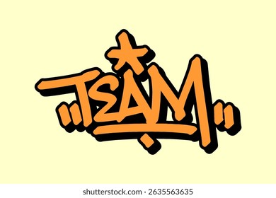 Graffiti tag “Team” in bold orange lettering with black outline on yellow background. A tribute to unity and spirit in basketball culture. Bold street vibe perfect for athletic and urban art.