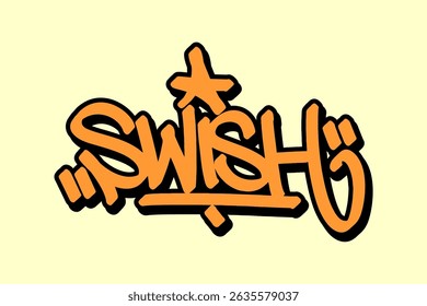 Graffiti tag “Swish” in bold orange lettering with black outline on yellow background. Symbolizes a clean basketball shot. Great for sporty street art, urban energy, and basketball-themed visuals.