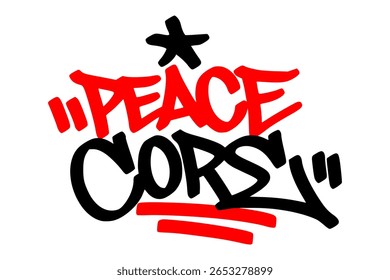 Etiqueta de graffiti “Peace Core” en rojo y negro sobre fondo transparente. Letras Urbanas de arte callejero con un fuerte contraste, fusionando la actitud callejera y la expresión cultural.
