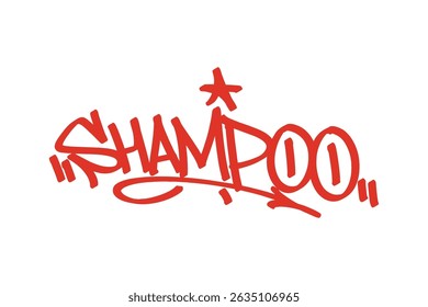Graffiti tag “Shampoo” in bold red lettering on transparent background. Urban street art style, perfect for hair care themes, beauty, and creative city projects.
