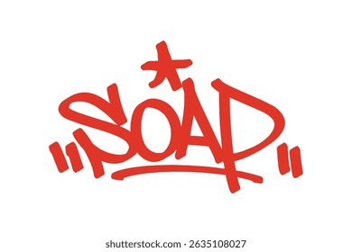 Graffiti tag “Soap” in bold red lettering on transparent background. Urban street art style, perfect for hygiene themes, clean vibes, and creative street projects.